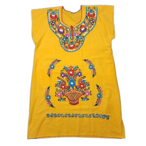 Vintage | Dresses | Vintage Handmade Mexican Dress Aztec Flowy Kaftan Mumu  Floral Embroidered Yellow | Poshmark